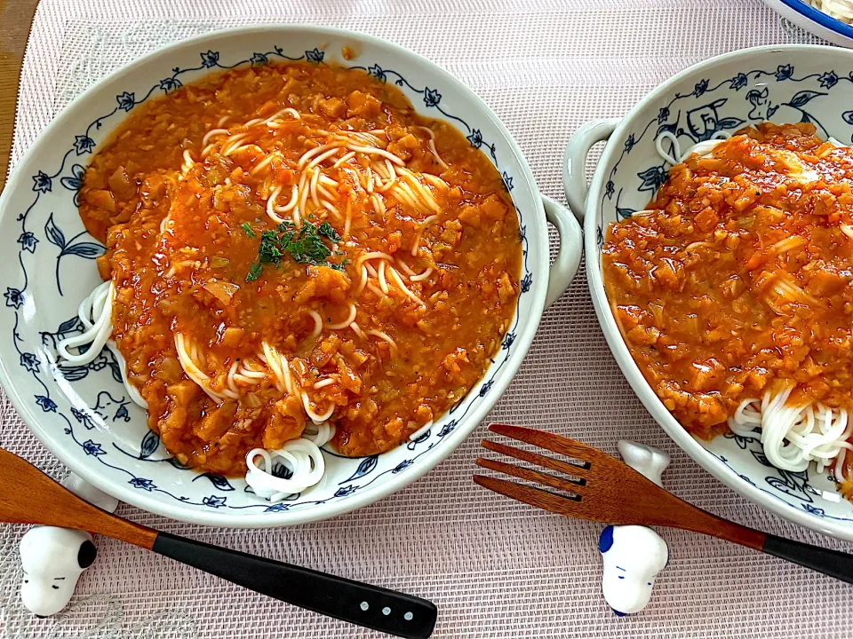 お米パスタで♪ミートスパゲティ3人お昼ごはん~(^^)❤︎|いつくしみちゃんさん