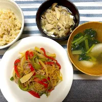 チャプチェ、きのこと豆腐のポン酢レンジ蒸し、蕪の中華スープ|jackybeanさん