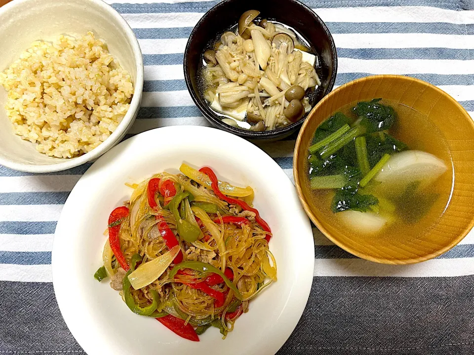 チャプチェ、きのこと豆腐のポン酢レンジ蒸し、蕪の中華スープ|jackybeanさん