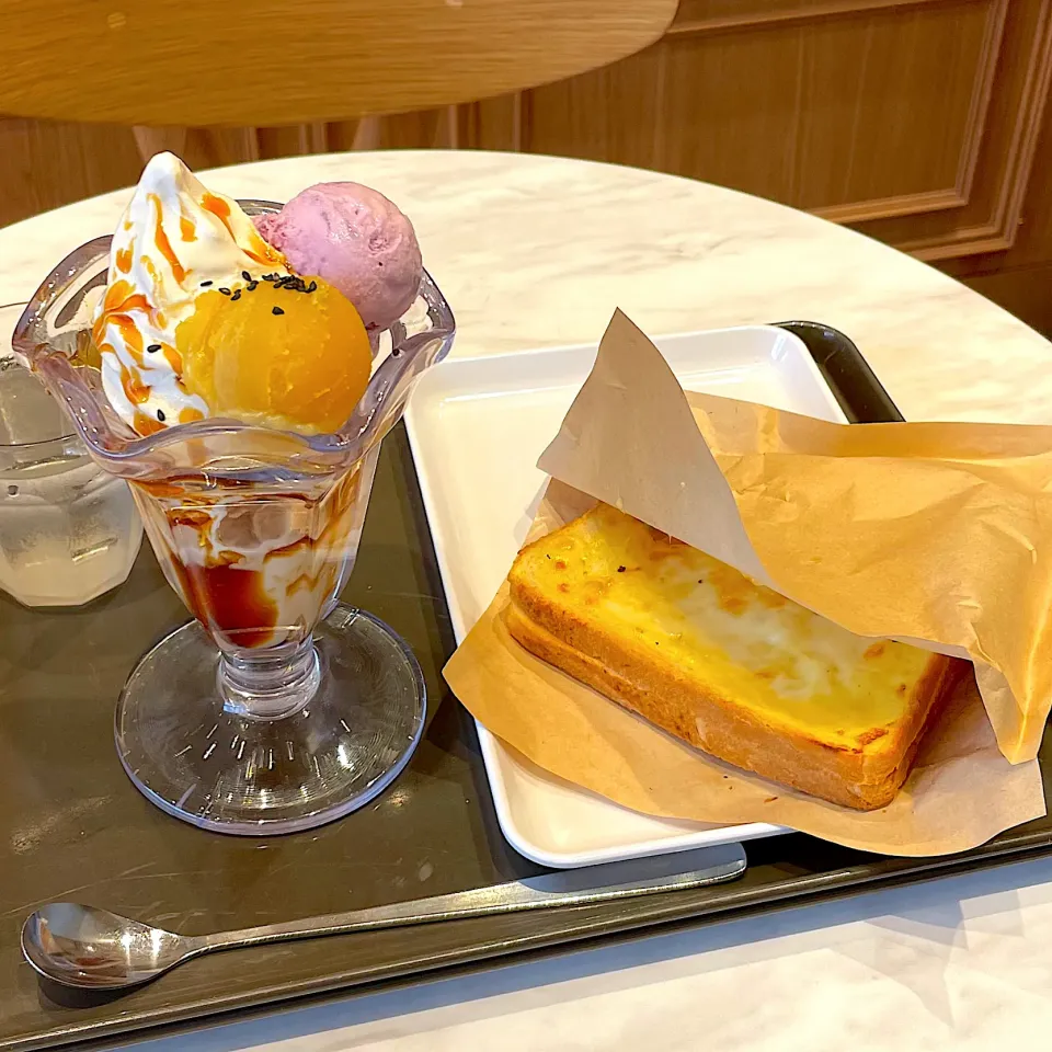 サンマルクカフェ スイートポテト＆紫芋のパフェ クロックムッシュ|四天王さん