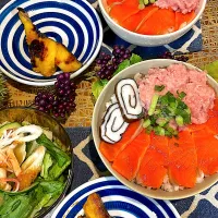 サーモンとネギトロ丼❣️さわらの西京焼き🐟|🌼はなちゃん🌼さん