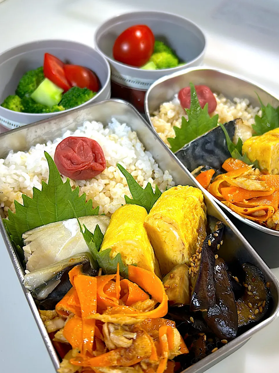 ロウカット玄米　白米　鯖の塩麹焼き　だし巻き玉子　人参とツナの炒め物　茄子の甘辛　ブロッコリー🥦　越のルビー🍅|まゆさん