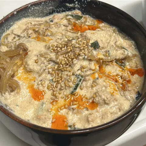 「緑豆両切春雨」を使ってみたSnapdishの料理・レシピ写真:胡麻春雨　豆乳担々麺スープ