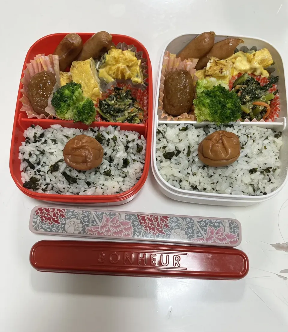 パパ弁母弁☆肉団子☆小松菜のお浸し☆かぼちゃサラダ☆ブロッコリー☆ウインナー☆卵焼き☆わかめご飯|Saharaさん