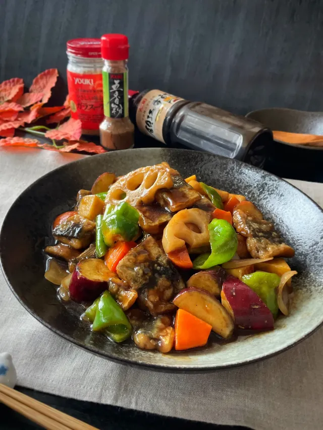 Snapdishの料理・レシピ写真:五香粉香る⭐︎さんまと秋野菜no香酢餡｜旬を食べよう！秋野菜アイデア大集合♪