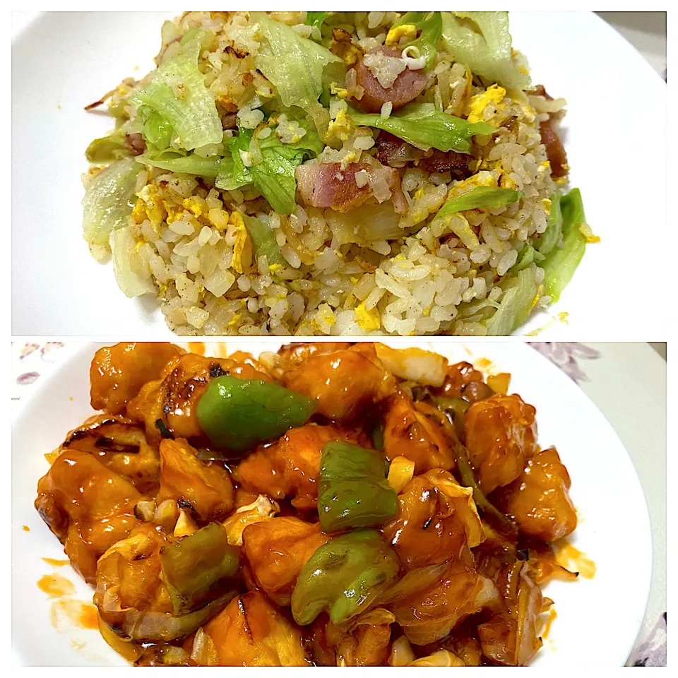 酢鶏の甘辛煮＆レタスチャーハン|単身赴任のっちさん
