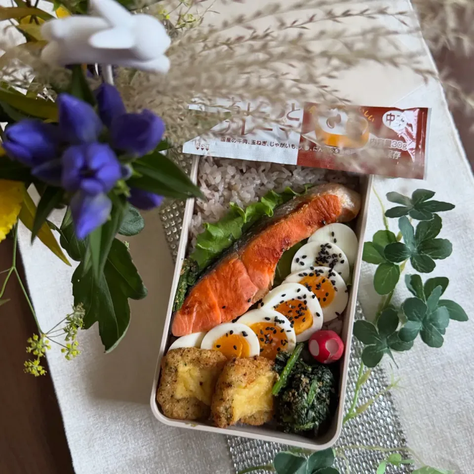 10/9❤︎主人鮭のっけ丼弁当🌱

＊鮭
＊十六穀ごはん
＊半熟たまご
＊チキンのチーズ焼き
＊ほうれん草の胡麻和え
＊のっけ丼
＊ちょこっとカレーソース|Makinsさん