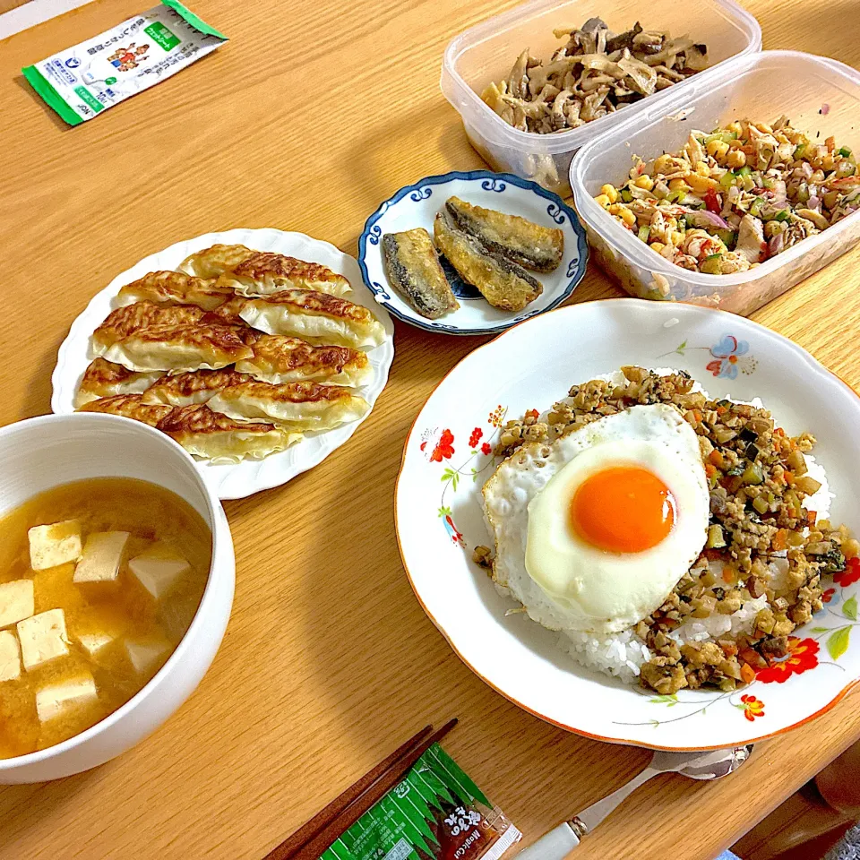 ガパオライス、浜松餃子、鰯の唐揚げ、きのことれんこんのピリ辛マリネ、豆腐のお味噌汁、カチュンバル。|くろーぶやんさん