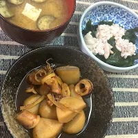 里芋とヤリイカの煮物、豆腐と茄子のお味噌汁、白子とワカメポン酢|ルナピーボールさん