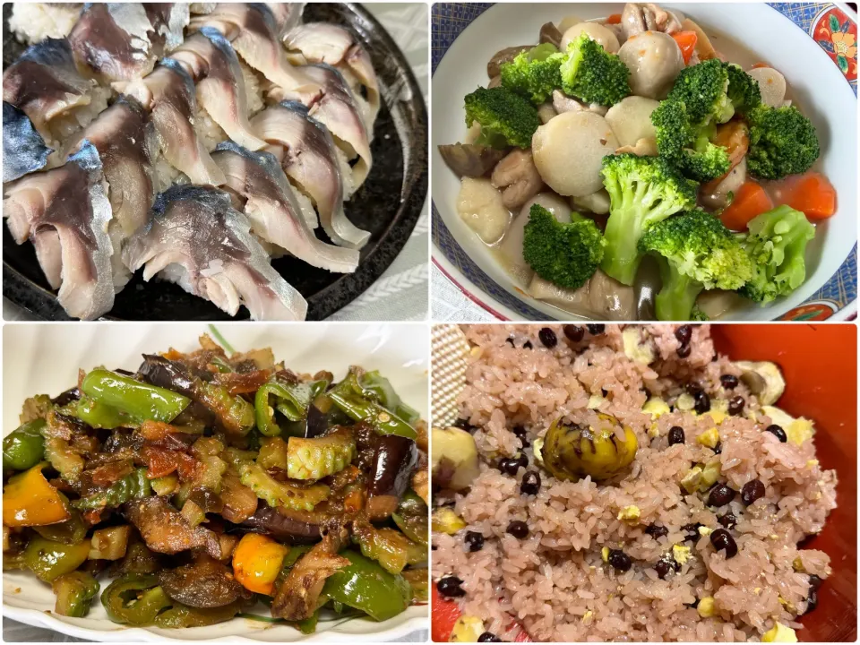 grandmaとお祭りランチ☆鯖寿司、栗入りお赤飯、野菜甘辛ふきのとう味噌炒め、煮物|kaoriさん