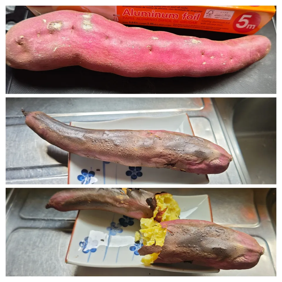 2025/10/13は薩摩芋の日で、ダイソーさんから（シリコン付アルミホイル発見で）ガスグリルでくっつきにくく&グリルも汚れずで焼き芋→今度秋刀魚でも味損なわずで塩焼きを試そうっと|Tarou  Masayukiさん