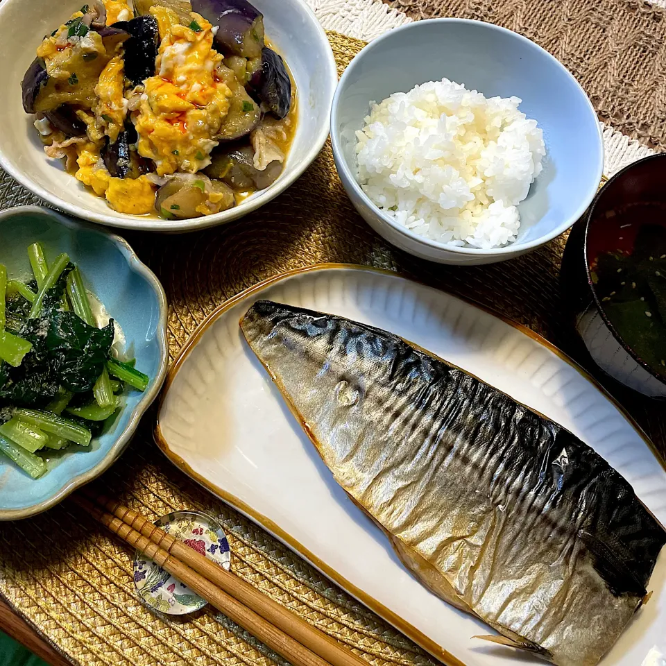 塩サバ　茄子と卵の炒め物|かりさん