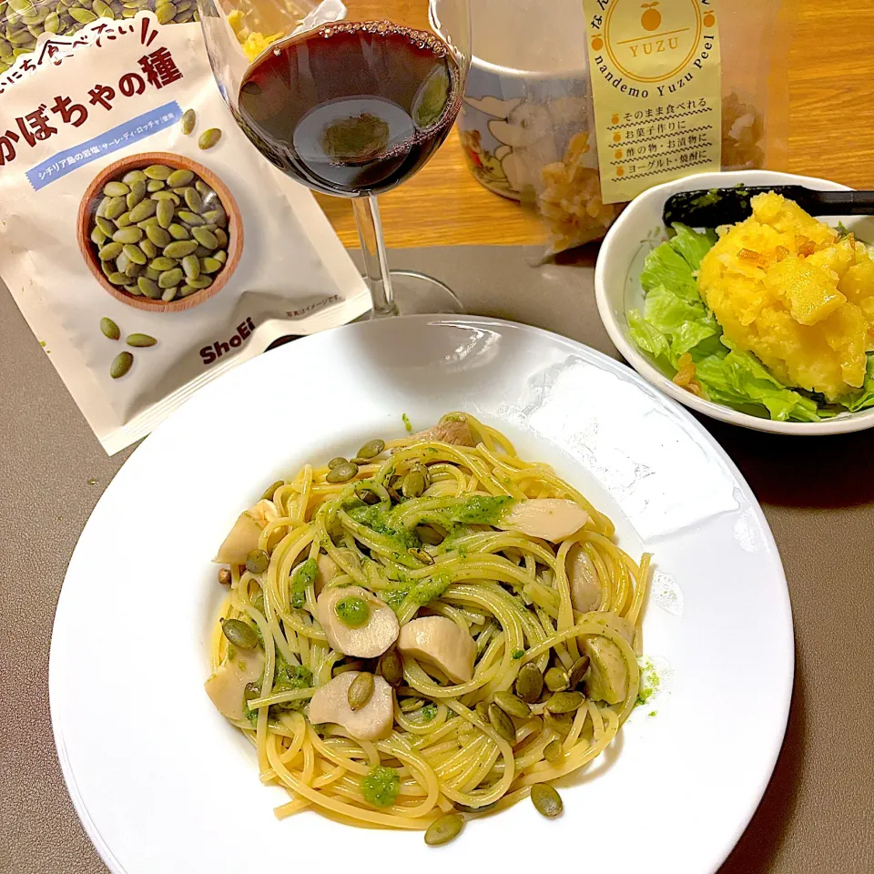 2025/10/13 自家製バジルでパスタ ジェノベーゼ、山盛りポテトサラダ|kykyさん