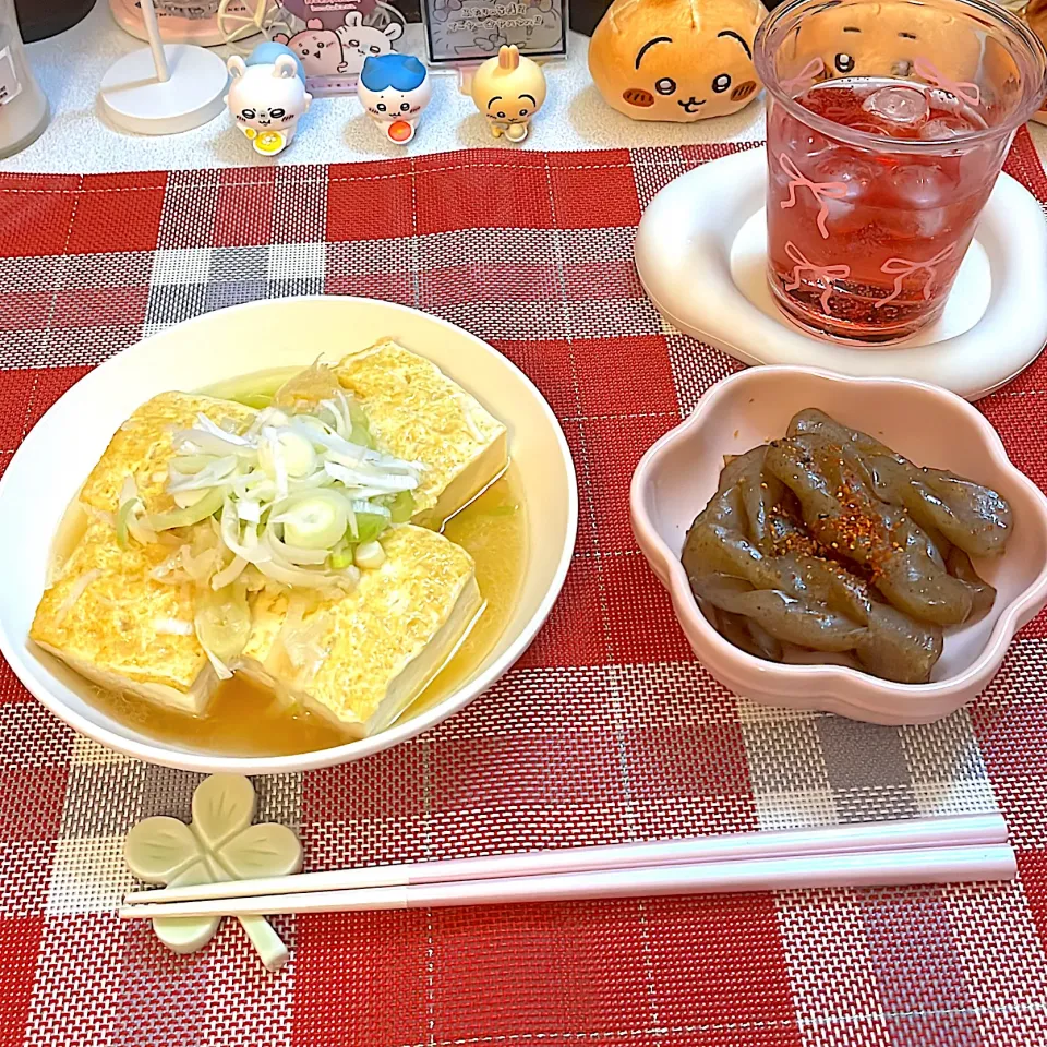 豆腐のネギ出汁ステーキとコンニャクのピリ辛炒め|めいさん