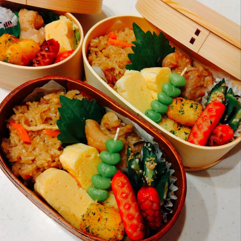 お弁当🌸かしわごはん、だし巻き玉子、鶏肉の味噌漬け、青海苔ポテト、オクラの塩昆布和え、ウインナー|samさん