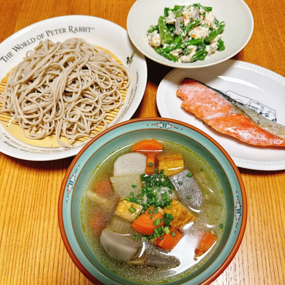 アスパラの白和え
焼き鮭
けんちん汁をつけ蕎麦で|naoさん