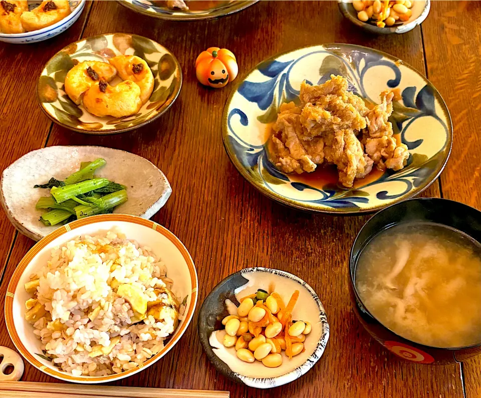 晩ごはん♯栗ごはん♯豚肉みぞれ煮♯小松菜おひたし🥬♯がんもどき|小松菜さん