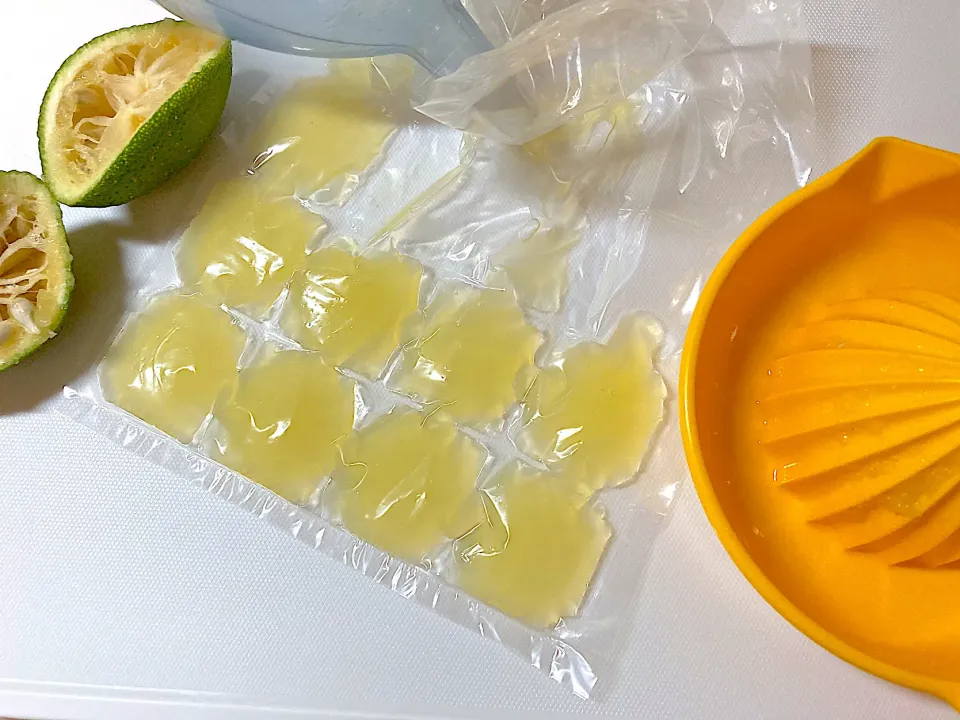 チョコちゃんがお試しでくれた小分け冷凍用の袋〜じょうごで入れて落ちていくの楽しい🎵大分のカボス果汁を冷凍します。|さくたえさん