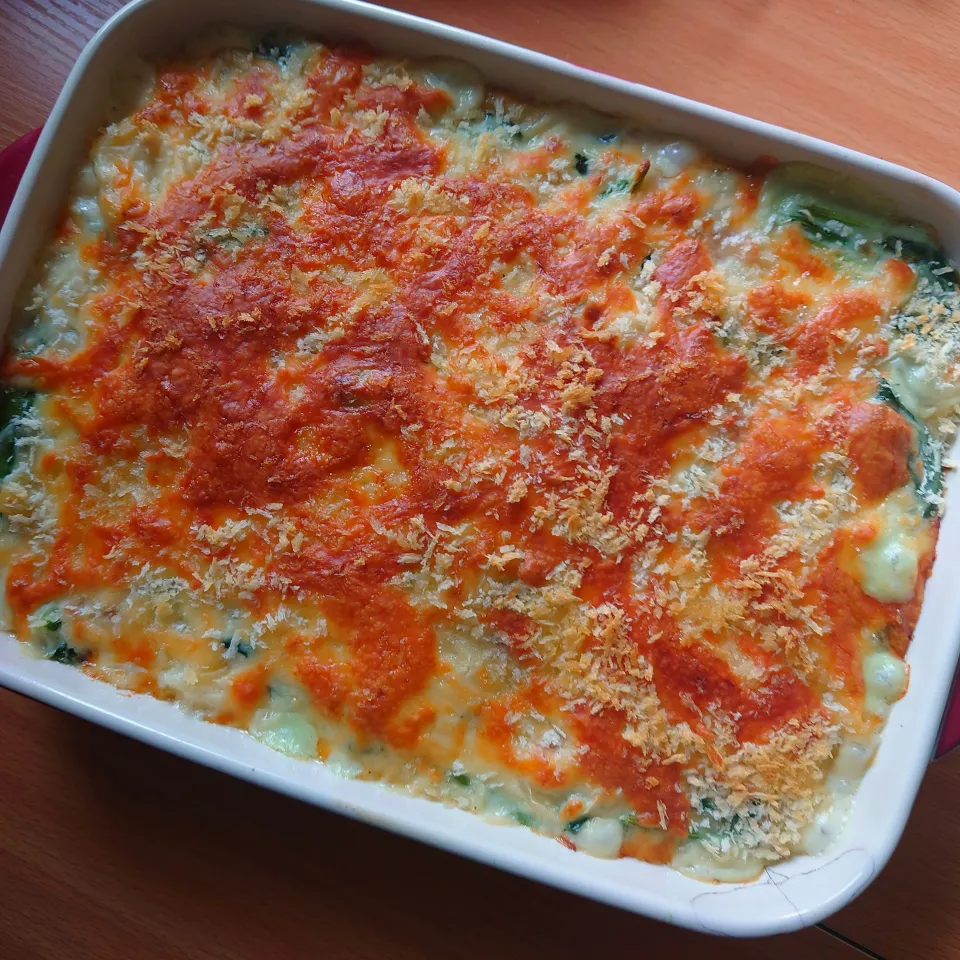 ほうれん草とベーコンのマカロニグラタン|かおぴさん