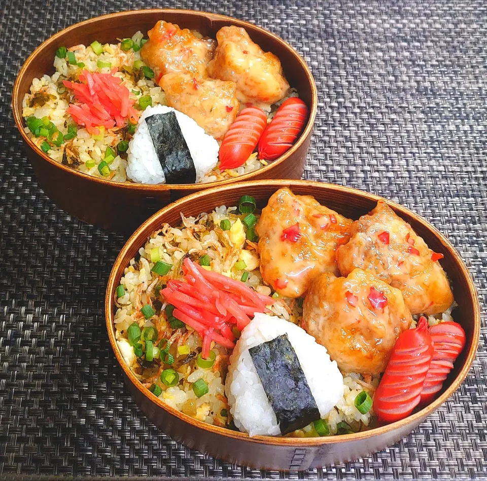 母とムスコのラブラブおソロ♪干し海老高菜チャーハン＆スイチリオイマヨ唐揚げ弁当|からあげビールさん