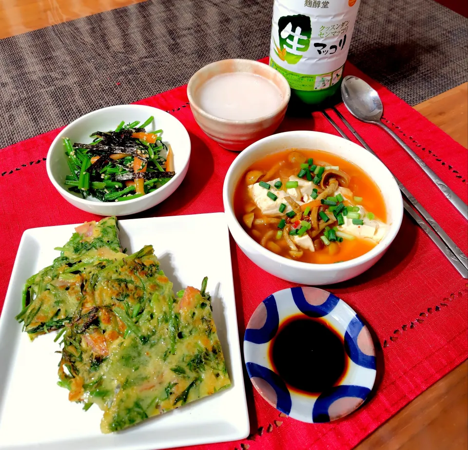 【韓食】🇰🇷人参の葉のチヂミ&人参の葉のナムル&ナメコと豆腐のキムチスープ|シュビラさん
