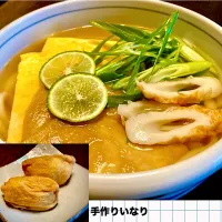 今日の麺好きランチは                                               「かやくうどん・いなり寿司」