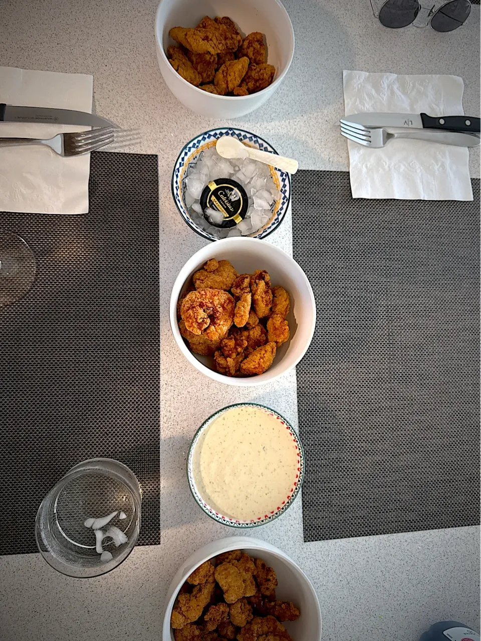 Chicken Nuggets 3 ways: plain, curry dusted, rosemary. Caviar. Chicken onion cream coat.|Samさん
