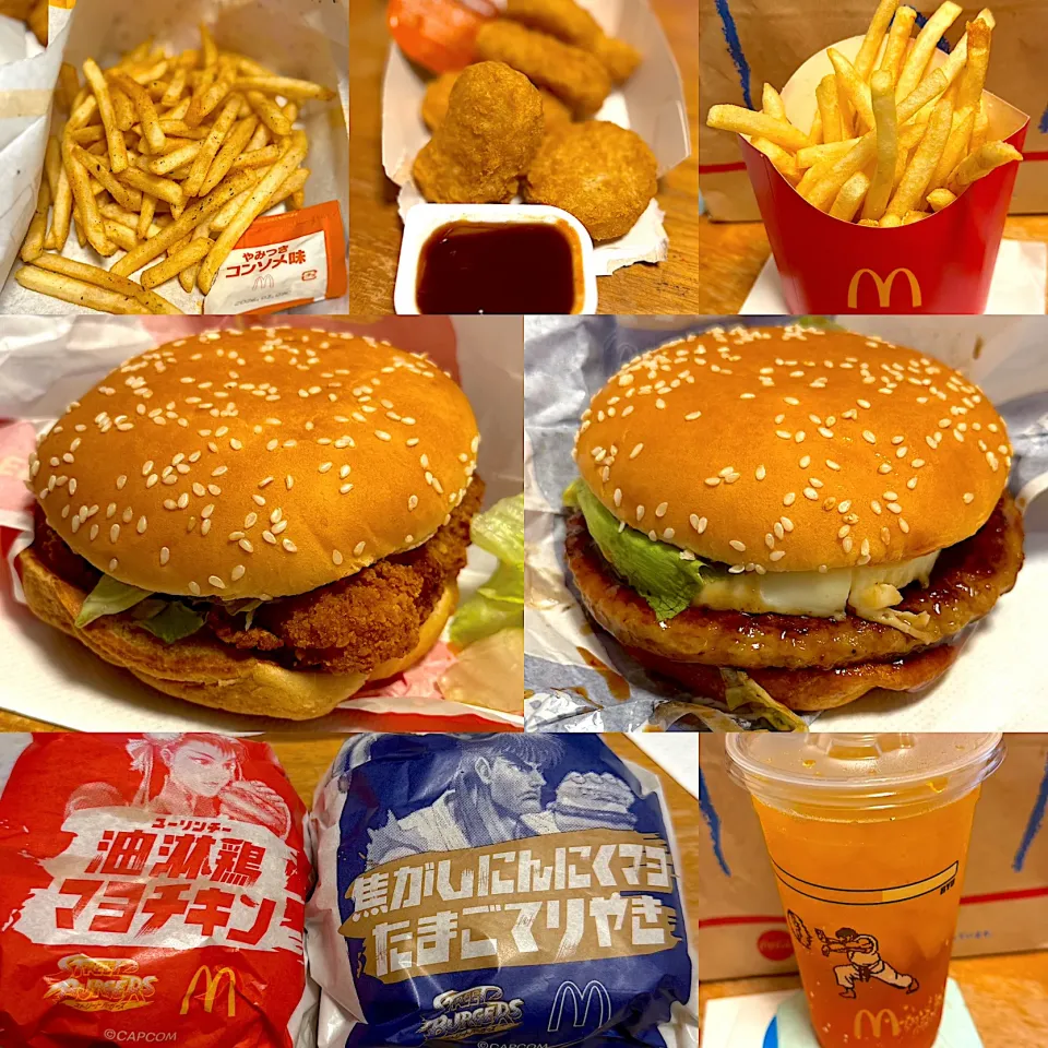 焦がしにんにくマヨたまご照り焼き満喫セット　　　みなぎるエナジー🥤やみつきコンソメ味🍟　油淋鶏マヨチキン🍔　ナゲット|るみおんさん