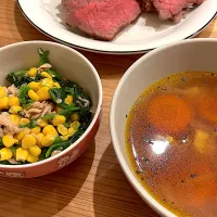 ほうれん草とツナコーンのナムル & にんじんとカマンベールチーズのスープ| ぺろたんさん