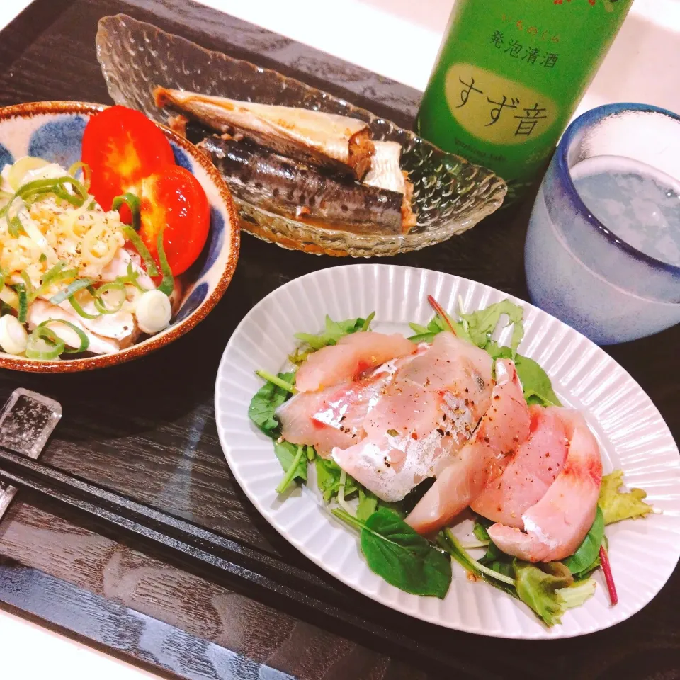 晩酌🌸アイブリのカルパッチョ、ささみと葱の柚子こしょう和え、鰯のオイルサーディン|samさん