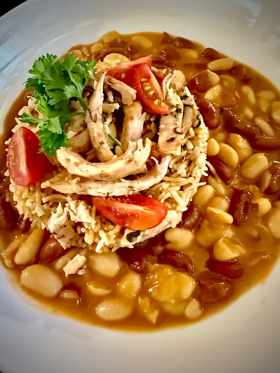 Arroz con Pollo. Homemade tomato broth & oregano filled the long basmati with warmth. Side of mixed red kidney & cannellini beans. Salted tomatoes.|Samさん