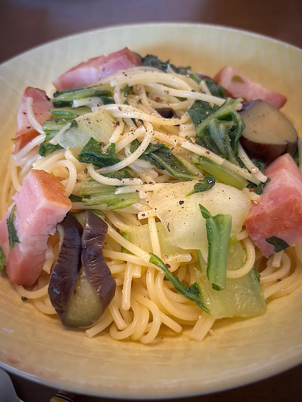 白菜とベーコンと茄子のコンソメスープスパゲティ|masaさん