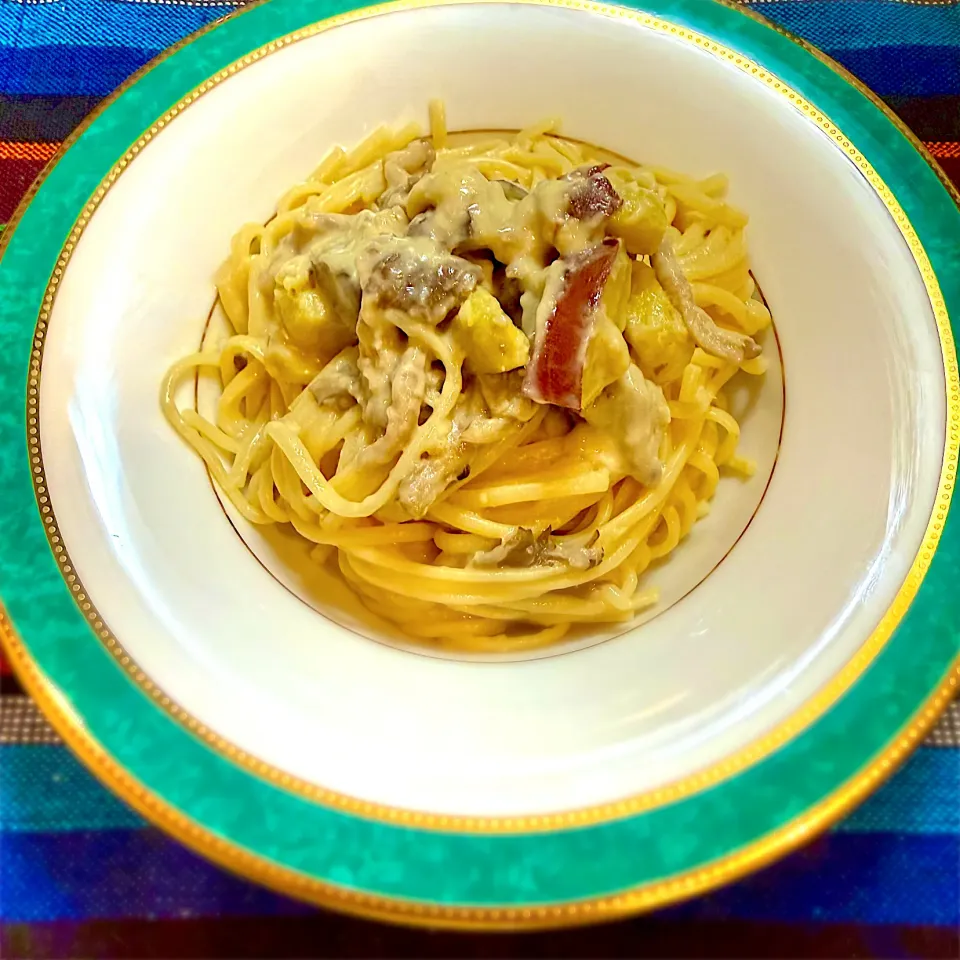 平茸とさつまいもの味噌クリームパスタ|なか★やまさん