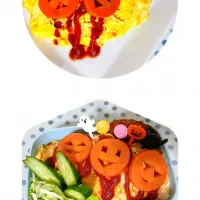炊飯器ケチャップライスの町中華風オムライスでハロウィン🎃弁当(艸ε≦●)♪|ぽんすけさん