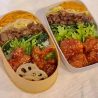 ビビンバに　　　　　　　　　　　　　　　ヤンニョムチキンとレンコンのきんぴら　　　　お弁当♡ ﾟ+｡:.ﾟ|ohanaさん