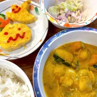 かぼちゃとホタテのクリーム煮、ポテトオムレツ、チーズサラダ|はるかさん