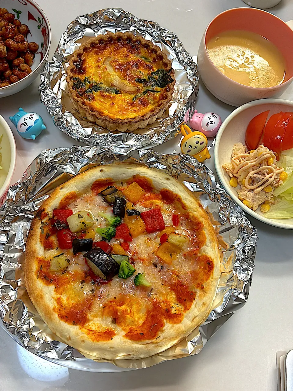 ピザ&キッシュ&大豆甘辛&明太ポテサラ&コーンスープ|なおさん