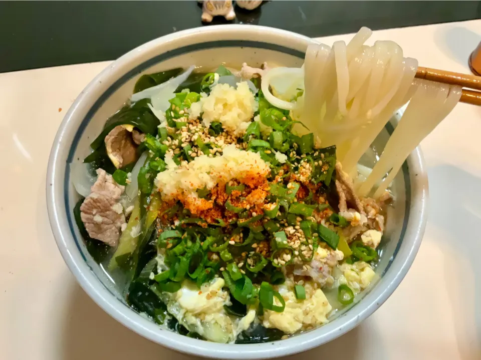 肉🍖玉🥚玉🧅ワカメうどん
うどんは讃岐の石丸うどんの乾麺で。|Takeshi  Nagakiさん