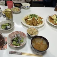 晩御飯☆鶏むねチキン南蛮☆しめ鯖と胡瓜の酢の物☆おから炒り煮☆みそ汁（大根・人参・玉葱）|Saharaさん