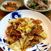 ソース焼きそばと砂肝ピーマン炒め、ごぼうの金平|リフルシャッフルさん