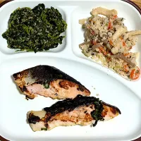 ☆サーモンのねぎ塩焼き ☆ほうれん草の胡麻和え ☆卯の花|まぁたんさん