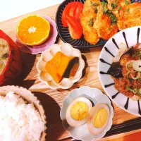 回鍋肉、白身魚のチーズピカタ、南瓜の煮付け、味付け玉子、お味噌汁、早生みかん|samさん