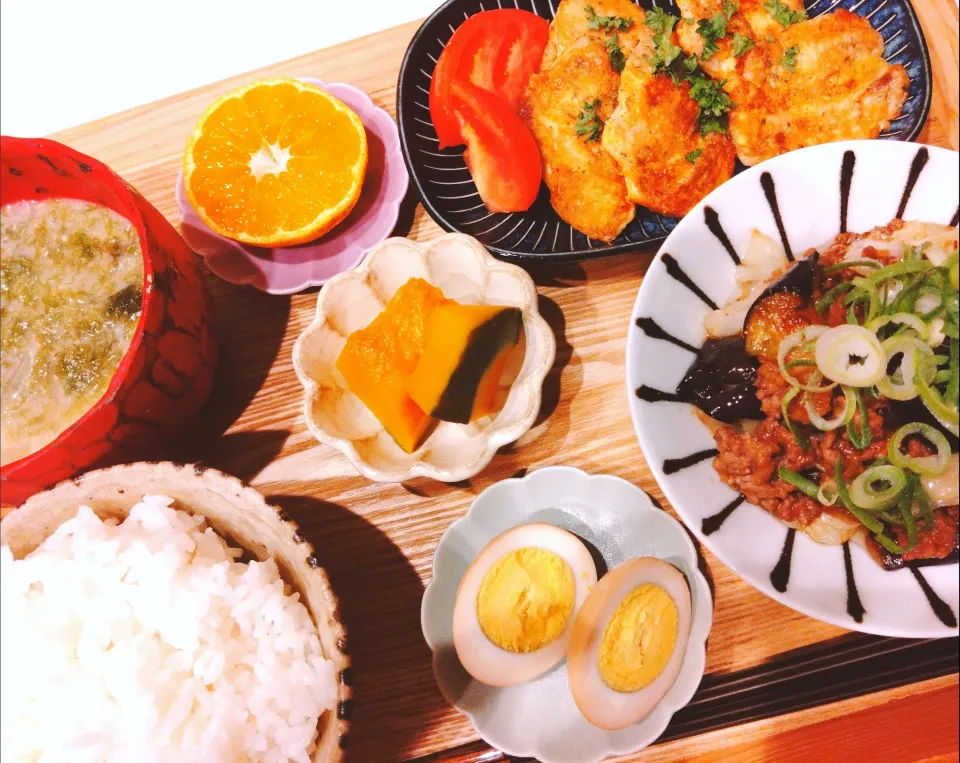 回鍋肉、白身魚のチーズピカタ、南瓜の煮付け、味付け玉子、お味噌汁、早生みかん|samさん