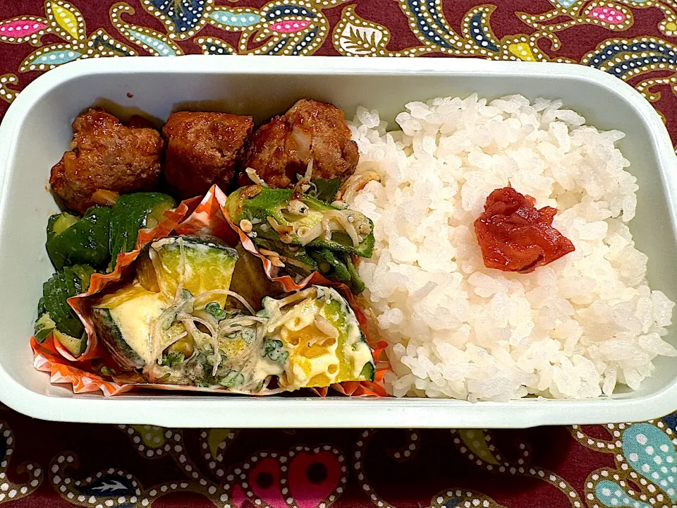 ハンバーグ、かぼちゃのブロッコリースプラウトマヨ和え、きゅうりナムル、おくらしらす|おかーたまさん