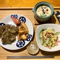 筍の唐揚げ、もずく天ぷら、茶碗蒸し、マカロニサラダ| マユマユさん