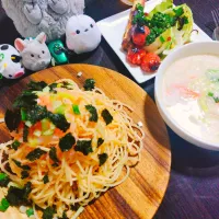 イカ明太パスタ、コンソメ味噌ミルクスープ、焼き野菜＆焼きちくわ| サトリさん