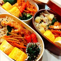 お弁当🌸エビフライ、だし巻き玉子、金平ごぼう、ピーマンの塩昆布和え、ウインナー、さつまいもご飯🍠|samさん