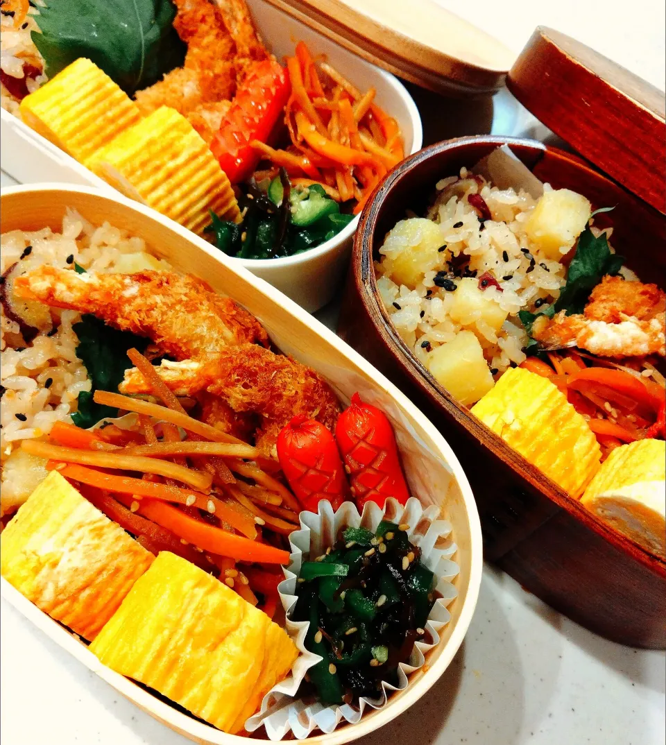 お弁当🌸エビフライ、だし巻き玉子、金平ごぼう、ピーマンの塩昆布和え、ウインナー、さつまいもご飯🍠|samさん