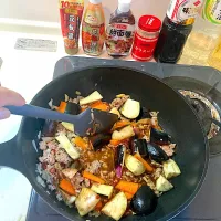 今日の晩ご飯④  豆板醤、甜麺醤、花椒辣醬、醤油、酒、みりん、ガラスープを入れ、さらに炒めます|なびさん