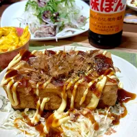 お夕飯　鰹のたたき・カボチャサラダ・厚揚げお好み焼き風|renharuruさん